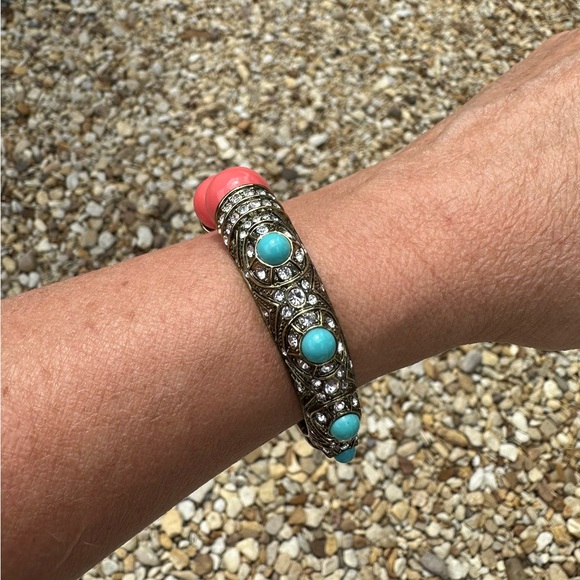 Heidi Daus Coral and Turquoise Hinged Bangle on a Gold toned Backdrop - Picture 5 of 9